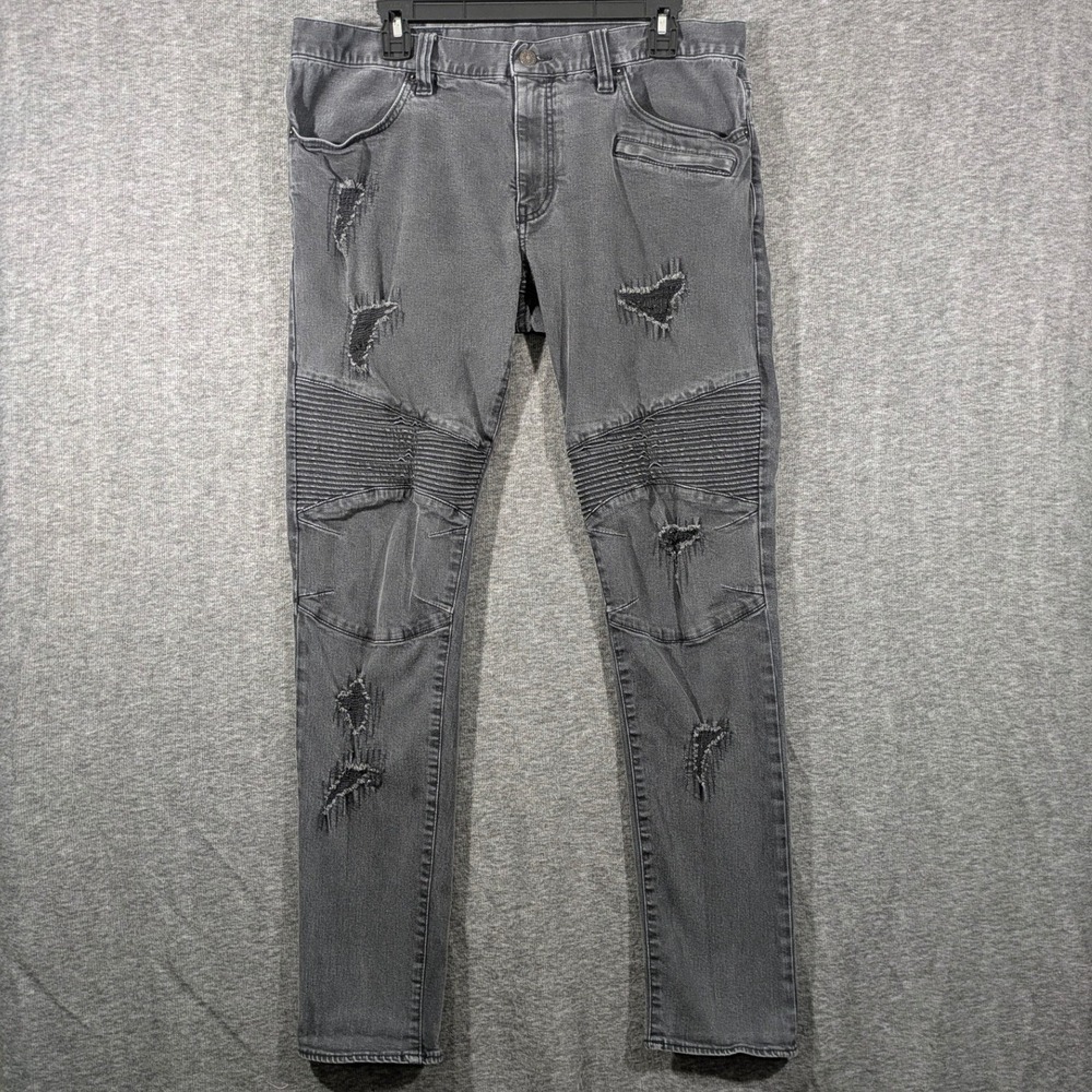 Armani Exchange J27 Skinny Biker Jeans Gray Distressed Moto Ribbed Mens Size 36